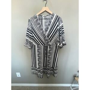 Black White Mixed Print Wrap V Neck Midi Dress Flounce Sleeve Belted